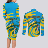 Rwanda Couples Matching Long Sleeve Bodycon Dress and Long Sleeve Button Shirt with Imigongo Spiraling Flag Hand Wave Time Spirit