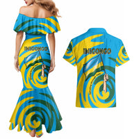 Rwanda Couples Matching Mermaid Dress and Hawaiian Shirt with Imigongo Spiraling Flag Hand Wave Time Spirit