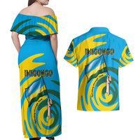 Rwanda Couples Matching Off Shoulder Maxi Dress and Hawaiian Shirt with Imigongo Spiraling Flag Hand Wave Time Spirit