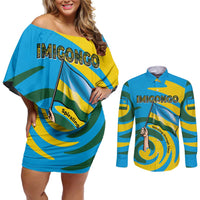Rwanda Couples Matching Off Shoulder Short Dress and Long Sleeve Button Shirt with Imigongo Spiraling Flag Hand Wave Time Spirit