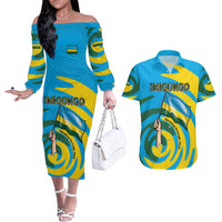 Rwanda Couples Matching Off The Shoulder Long Sleeve Dress and Hawaiian Shirt with Imigongo Spiraling Flag Hand Wave Time Spirit