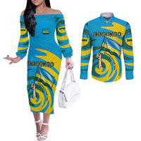 Rwanda Couples Matching Off The Shoulder Long Sleeve Dress and Long Sleeve Button Shirt with Imigongo Spiraling Flag Hand Wave Time Spirit