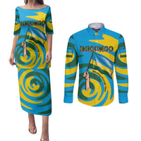Rwanda Couples Matching Puletasi and Long Sleeve Button Shirt with Imigongo Spiraling Flag Hand Wave Time Spirit