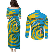 Rwanda Couples Matching Puletasi and Long Sleeve Button Shirt with Imigongo Spiraling Flag Hand Wave Time Spirit