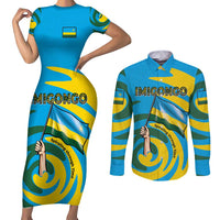 Rwanda Couples Matching Short Sleeve Bodycon Dress and Long Sleeve Button Shirt with Imigongo Spiraling Flag Hand Wave Time Spirit