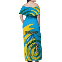 Rwanda Off Shoulder Maxi Dress with Imigongo Spiraling Flag Hand Wave Time Spirit