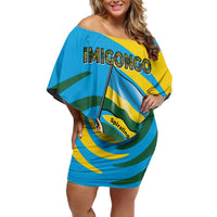 Rwanda Off Shoulder Short Dress with Imigongo Spiraling Flag Hand Wave Time Spirit
