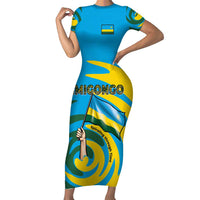 Rwanda Short Sleeve Bodycon Dress with Imigongo Spiraling Flag Hand Wave Time Spirit