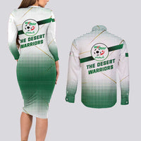Algeria Soccer Couples Matching Long Sleeve Bodycon Dress and Long Sleeve Button Shirt with Desert Warriors Text and National Flag Design