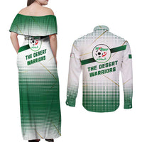 Algeria Soccer Couples Matching Off Shoulder Maxi Dress and Long Sleeve Button Shirt with Desert Warriors Text and National Flag Design