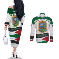 Algeria Couples Matching Off The Shoulder Long Sleeve Dress and Long Sleeve Button Shirt with National Flag and Coat of Arms Crest Design