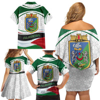 Algeria Family Matching Off Shoulder Short Dress and Hawaiian Shirt with National Flag and Coat of Arms Crest Design