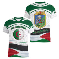Algeria Women V-Neck T-Shirt with National Flag and Coat of Arms Crest Design