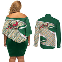 Algeria Couples Matching Off Shoulder Short Dress and Long Sleeve Button Shirt with Arabic Calligraphy and Traditional Pattern Design