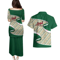 Algeria Couples Matching Puletasi and Hawaiian Shirt with Arabic Calligraphy and Traditional Pattern Design