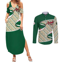 Algeria Couples Matching Summer Maxi Dress and Long Sleeve Button Shirt with Arabic Calligraphy and Traditional Pattern Design
