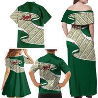 Algeria Family Matching Off Shoulder Maxi Dress and Hawaiian Shirt with Arabic Calligraphy and Traditional Pattern Design