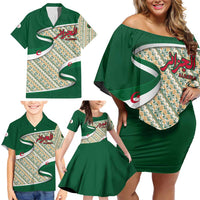 Algeria Family Matching Off Shoulder Short Dress and Hawaiian Shirt with Arabic Calligraphy and Traditional Pattern Design