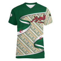 Algeria Women V-Neck T-Shirt with Arabic Calligraphy and Traditional Pattern Design