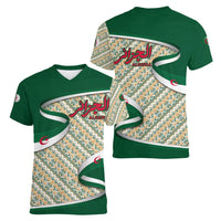 Algeria Women V-Neck T-Shirt with Arabic Calligraphy and Traditional Pattern Design