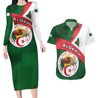 Algeria Couples Matching Long Sleeve Bodycon Dress and Hawaiian Shirt with National Emblem and Map Design