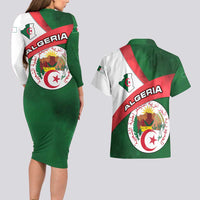 Algeria Couples Matching Long Sleeve Bodycon Dress and Hawaiian Shirt with National Emblem and Map Design