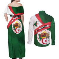 Algeria Couples Matching Off Shoulder Maxi Dress and Long Sleeve Button Shirt with National Emblem and Map Design
