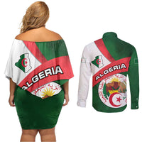 Algeria Couples Matching Off Shoulder Short Dress and Long Sleeve Button Shirt with National Emblem and Map Design