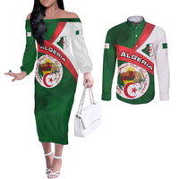 Algeria Couples Matching Off The Shoulder Long Sleeve Dress and Long Sleeve Button Shirt with National Emblem and Map Design