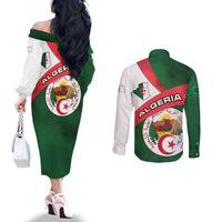 Algeria Couples Matching Off The Shoulder Long Sleeve Dress and Long Sleeve Button Shirt with National Emblem and Map Design