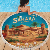 Sahara Algeria Beach Blanket with Desert Camel Landscape and Islamic Motif Design