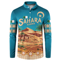 Sahara Algeria Button Sweatshirt with Desert Camel Landscape and Islamic Motif Design