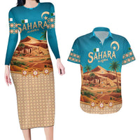 Sahara Algeria Couples Matching Long Sleeve Bodycon Dress and Hawaiian Shirt with Desert Camel Landscape and Islamic Motif Design