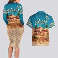 Sahara Algeria Couples Matching Long Sleeve Bodycon Dress and Hawaiian Shirt with Desert Camel Landscape and Islamic Motif Design