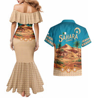 Sahara Algeria Couples Matching Mermaid Dress and Hawaiian Shirt with Desert Camel Landscape and Islamic Motif Design