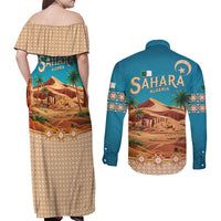 Sahara Algeria Couples Matching Off Shoulder Maxi Dress and Long Sleeve Button Shirt with Desert Camel Landscape and Islamic Motif Design