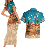 Sahara Algeria Couples Matching Short Sleeve Bodycon Dress and Hawaiian Shirt with Desert Camel Landscape and Islamic Motif Design