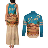 Sahara Algeria Couples Matching Tank Maxi Dress and Long Sleeve Button Shirt with Desert Camel Landscape and Islamic Motif Design