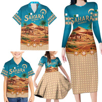 Sahara Algeria Family Matching Long Sleeve Bodycon Dress and Hawaiian Shirt with Desert Camel Landscape and Islamic Motif Design