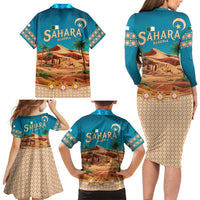 Sahara Algeria Family Matching Long Sleeve Bodycon Dress and Hawaiian Shirt with Desert Camel Landscape and Islamic Motif Design