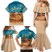 Sahara Algeria Family Matching Mermaid Dress and Hawaiian Shirt with Desert Camel Landscape and Islamic Motif Design
