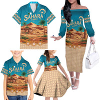 Sahara Algeria Family Matching Off The Shoulder Long Sleeve Dress and Hawaiian Shirt with Desert Camel Landscape and Islamic Motif Design