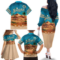 Sahara Algeria Family Matching Off The Shoulder Long Sleeve Dress and Hawaiian Shirt with Desert Camel Landscape and Islamic Motif Design