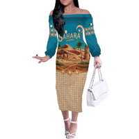 Sahara Algeria Family Matching Off The Shoulder Long Sleeve Dress and Hawaiian Shirt with Desert Camel Landscape and Islamic Motif Design