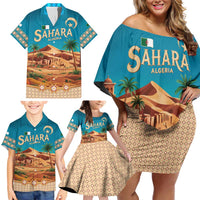 Sahara Algeria Family Matching Off Shoulder Short Dress and Hawaiian Shirt with Desert Camel Landscape and Islamic Motif Design