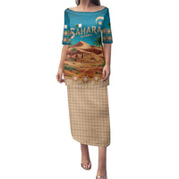 Sahara Algeria Family Matching Puletasi and Hawaiian Shirt with Desert Camel Landscape and Islamic Motif Design