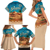 Sahara Algeria Family Matching Short Sleeve Bodycon Dress and Hawaiian Shirt with Desert Camel Landscape and Islamic Motif Design