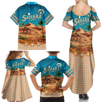 Sahara Algeria Family Matching Summer Maxi Dress and Hawaiian Shirt with Desert Camel Landscape and Islamic Motif Design