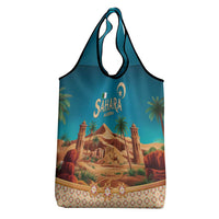 Sahara Algeria Grocery Bag with Desert Camel Landscape and Islamic Motif Design