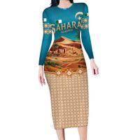 Sahara Algeria Long Sleeve Bodycon Dress with Desert Camel Landscape and Islamic Motif Design